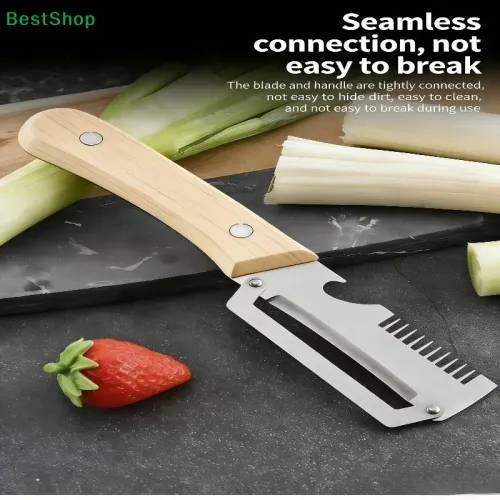 Multifunctional Stainless Steel Peeler with Wooden Handle,3-in-1 Scallion Shredder Fruit Peeler Bottle Opener for Kitchen