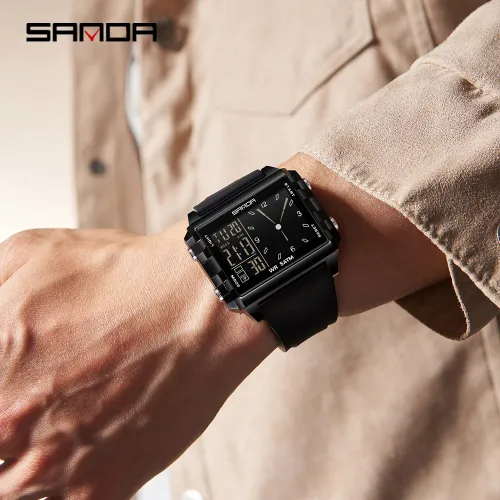Wristwatch Square Dual Time  Electron Analog Watch  Waterproof Count Down Timer Digital World Time
