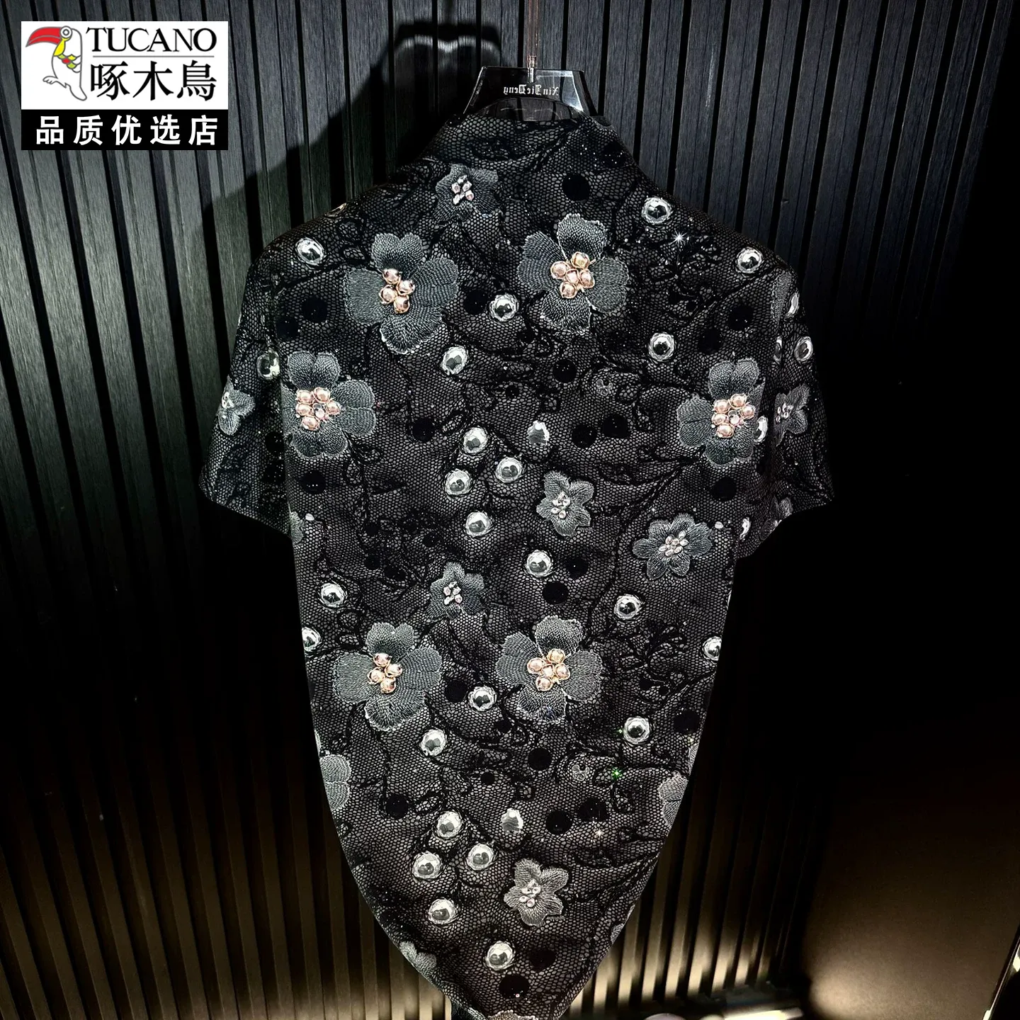 Grey shirt with floral print and all-over rhinestone embellishment