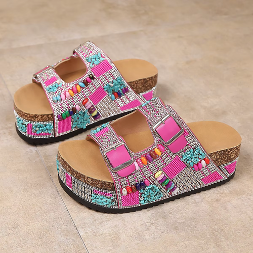 Women's Rhinestone Double Buckle Thick Sole Sandals – Fashionable Summer Shoes