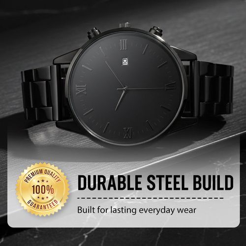 🎉💰 50% off ⚡ Minimalist quartz watch for men with date display – All black stainless steel, Roman numerals on the dial and watchmaking precision! ⌚🖤