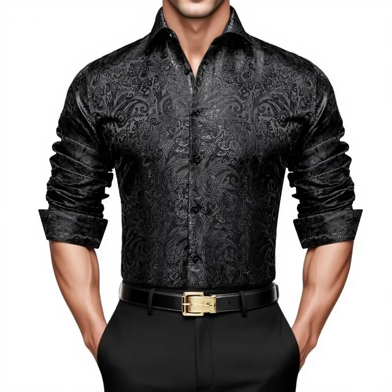 Luxury Purple Paisley Polyester Shirts for Men Long Sleeve Wedding Prom Men Clothing Button Down Collar Social Dress Shirt