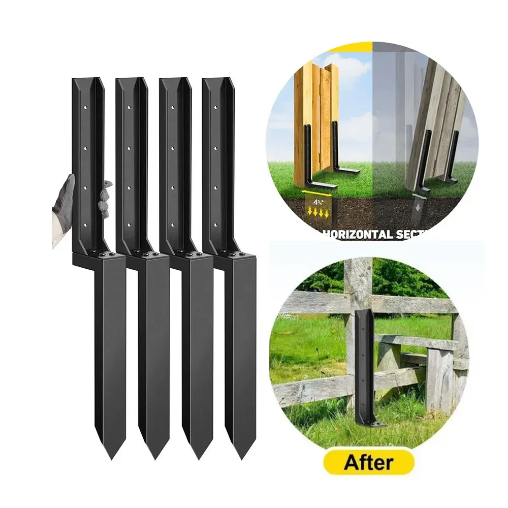 1‑2 Pcs Heavy-Duty Thickened Steel Fence Post Repair Kit with Ground Spikes, Black, Column Repair Kit for Wooden & Metal Fences