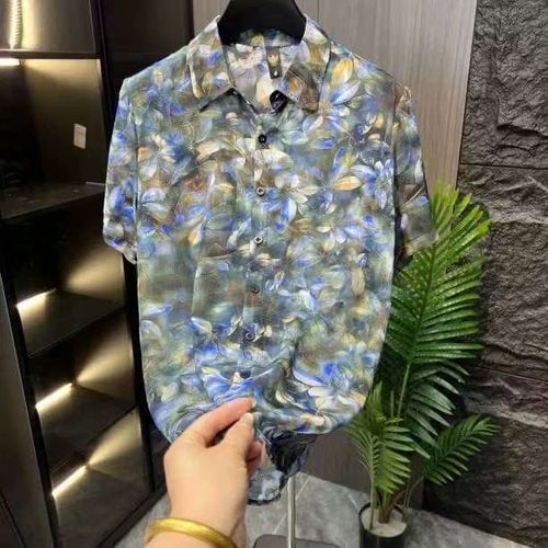 Men's Ice Silk Shirt with Blooming Blue Floral Print