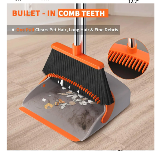 Upgraded Broom and Dustpan Set with Self-Cleaning Teeth, 52  Long Handle for Pet Hair and Home Cleaning
