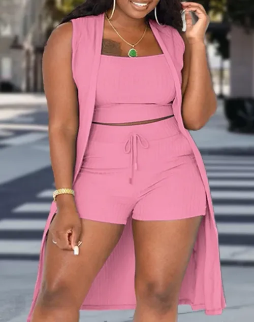 Women's Commuting Suits NEW 3PCS Ribbed Tank Top & Casual Vacation Drawstring Shorts Set with Vest Coat