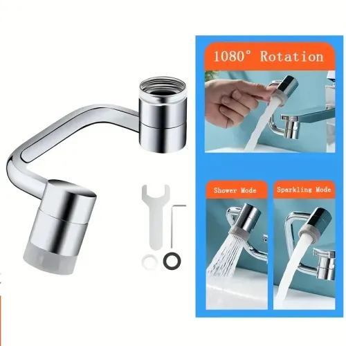 1pc 1080° Alloy Mechanical Arm Faucet Swivel Stainless Steel Faucet Extender Splashproof Dual Spray Mode Bathroom Sink Accessories Universal, with Adapter