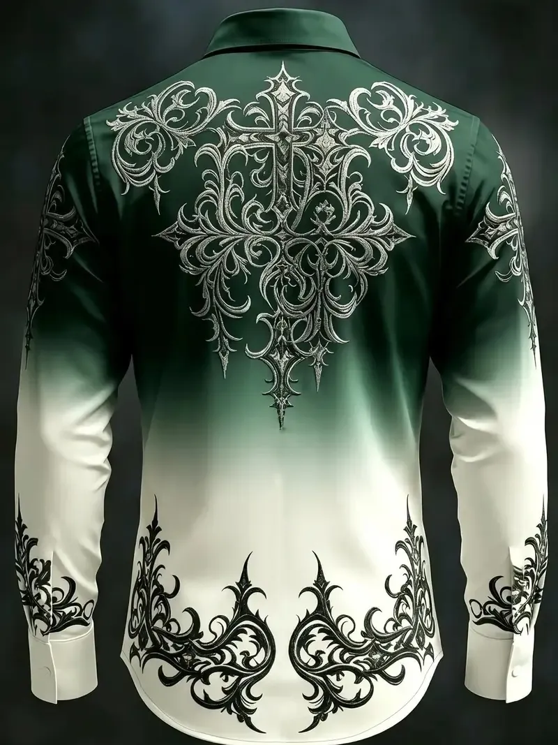 Men's Gradient Vintage Print Shirt, Vintage Graphic Shirt, Long-Sleeve, Wrinkle-Resistant, for Casual Wear, Parties, and Daily Styling, Great Gift, Menswear