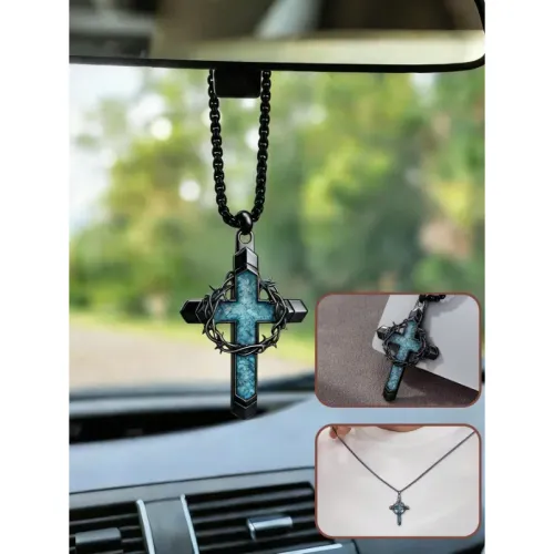 Vintage Punk Crown of Thorns Cross Rearview Mirror Hanging Pendant with Turquoise Inlay