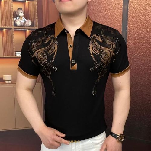 Short-sleeved shirt with gold-foil galloping horse print