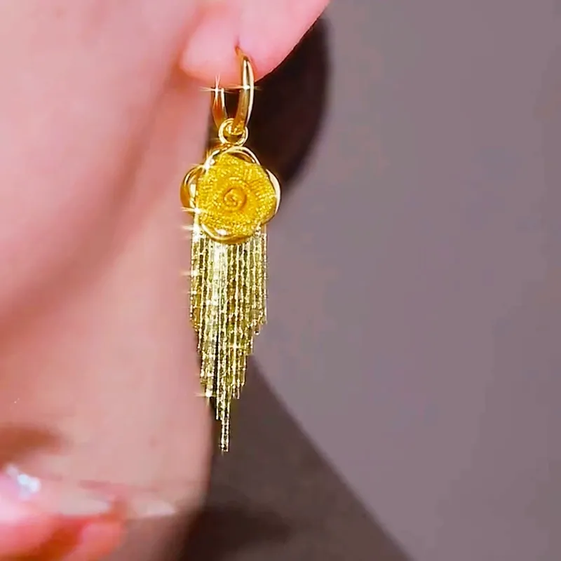 French Elegant Rose Flower Zircon Earrings For Women Light Luxury Long Tassel Ear Wire Dangle Earring Wedding Party Jewelry Gift