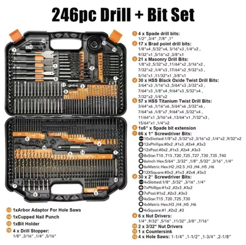246-piece multi-functional drill bit set, including twist drills, woodworking flat drills, cement drills and screw bits, suitable for drilling through various materials such as wood, metal and cement. It covers all specifications, featuring high hardness materials that are durable. The hard tool box provides organized storage. It is an all-in-one cost-effective tool set for home decoration DIY and maintenance workers.