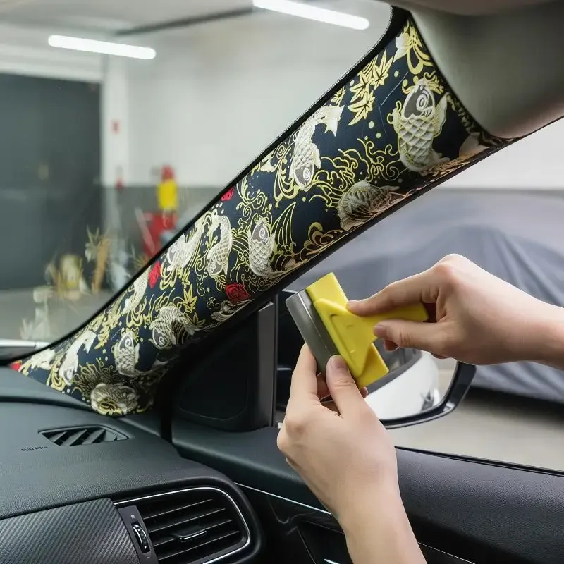1Pcs High Grade Wear-Resistant Car Dashboard Door Panel Ceiling Decor Fabric Self-Adhesive Black Koi Fish Car Interior Sticker