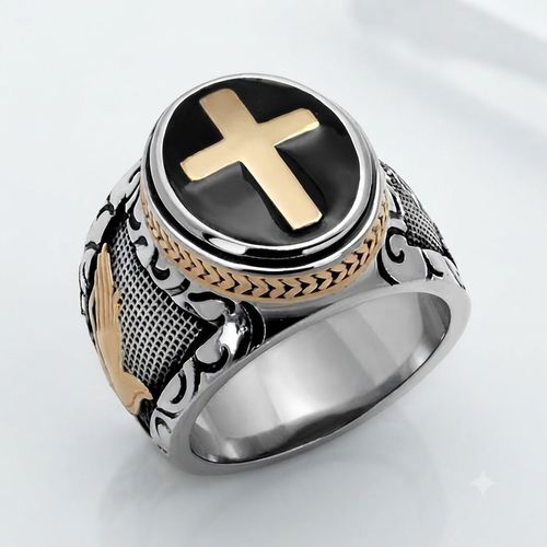 1Pcs Gold Plated Retro Crucifix Ring Stainless Steel Cross Band Ring for Men Vintage Fashion Jewelry Party Gift