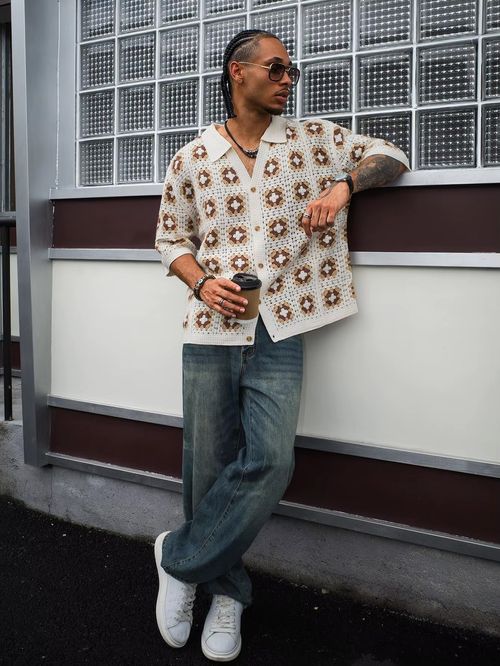 Men's Summer Cool Knitted Short-Sleeve Shirt Baby Blue Boho Vacation Casualwear Loose Fit Collared Button Closure All-Over Print