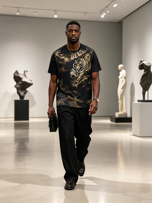 Black background tiger print T-shirt