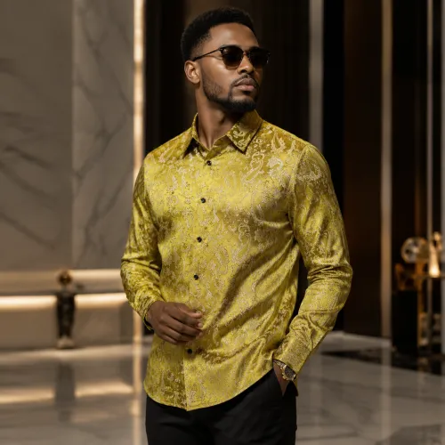 Gold Paisley Velvet-Patterned Long-Sleeve Shirt