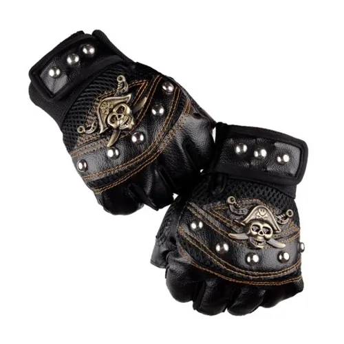 Punk Skulls Rivet PU Leather Gloves Anti-slip Half Finger Gloves