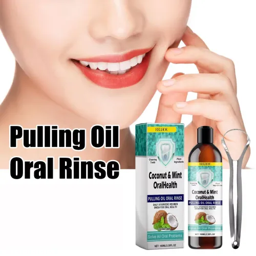 Peppermint Coconut Oil Mouthwash for Cleaning, Whitening, and Freshening Breath Oral Care with Tongue Scraper