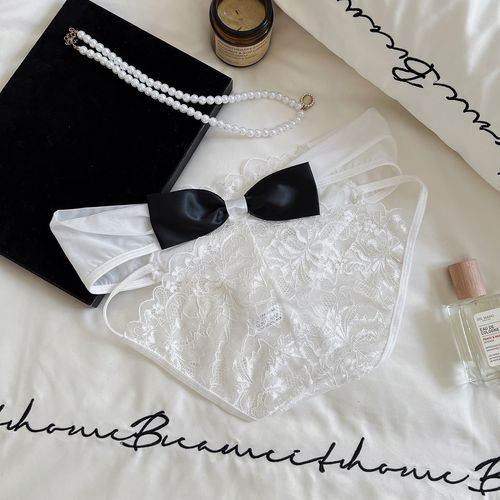 Women sexy Low Rise Mesh Briefs with Cutouts Lace Up Detail and Large Bow Accent