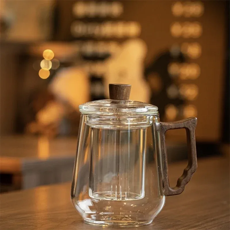 500ml Glass Tea Mug With Wood Handle Chinese Heat Resistant Puer Filter Cups Kung Fu Brewing Oolong Puer Tea Cup Set