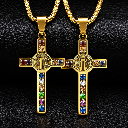 Christianartworkshop Saint Benedict Cross Mix Bible 12 Crystal Necklace