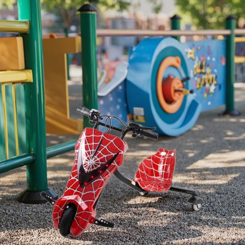 Three-wheeled electric drift scooter, suitable for children and adults, equipped with LED lights and Bluetooth functionality.