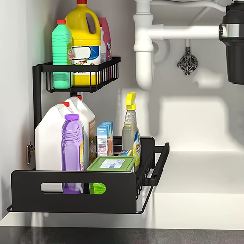 2-Tier Sliding Under Sink Organizer, Rustproof Metal Storage Rack for Kitchen & Bathroom Cabinet