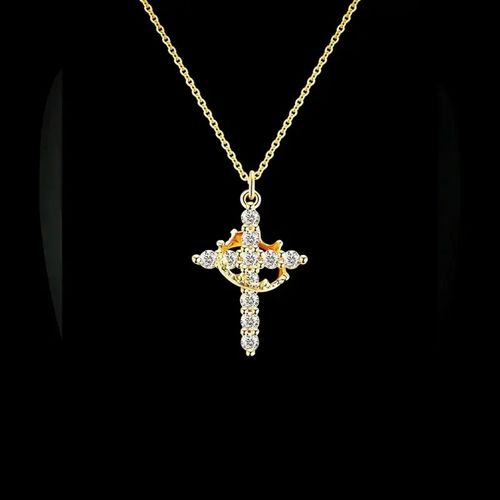 2pcs Luxury Zircon Gold Color Crown Cross Necklace For Women Couples Rhinestone Pendant Necklace Clavicle Chain Jewelry Prayer Gift