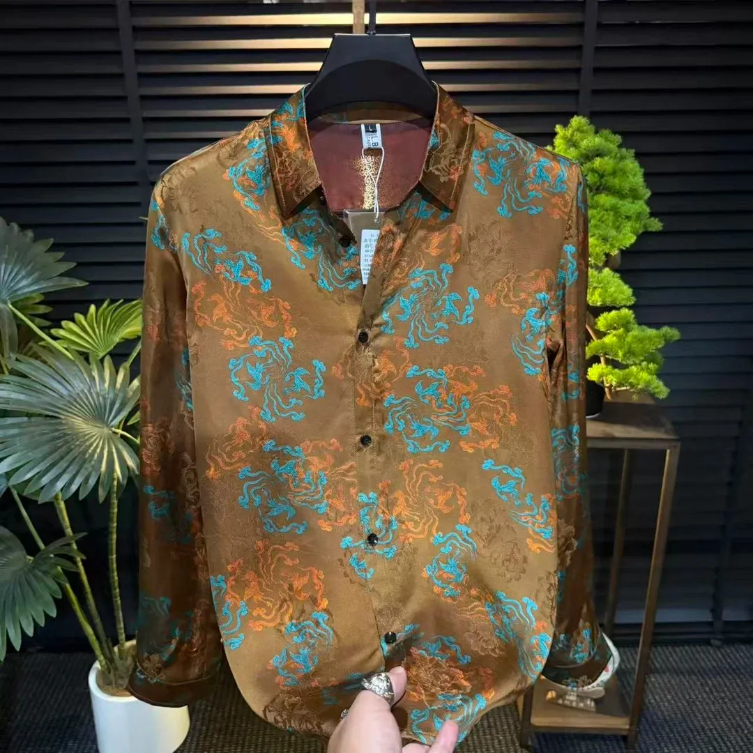 Brown long-sleeved shirt with blue-and-white printed pattern