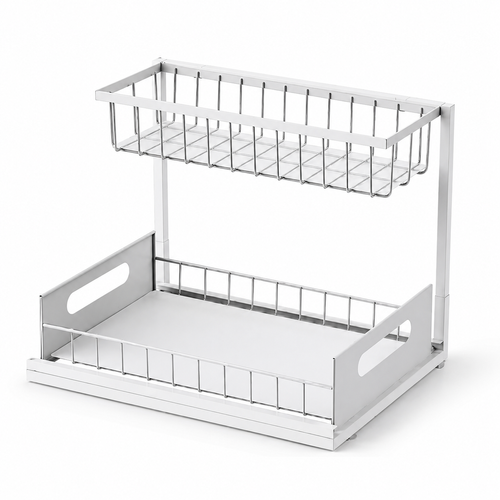 2-Tier Sliding Under Sink Organizer, Rustproof Metal Storage Rack for Kitchen & Bathroom Cabinet