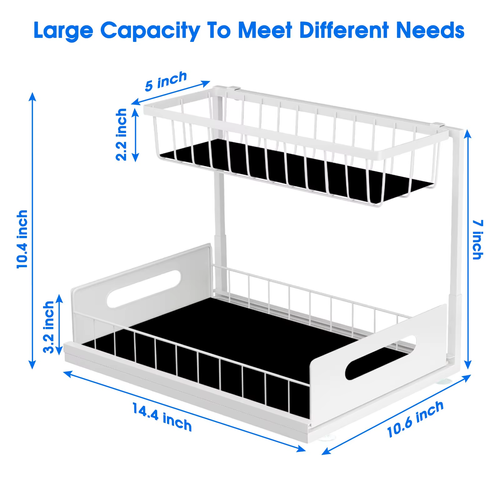 2-Tier Sliding Under Sink Organizer, Rustproof Metal Storage Rack for Kitchen & Bathroom Cabinet