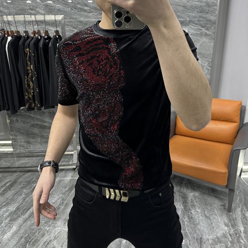 Men's Red Short-Sleeve Ice Silk Top Featuring a Descending Tiger Design