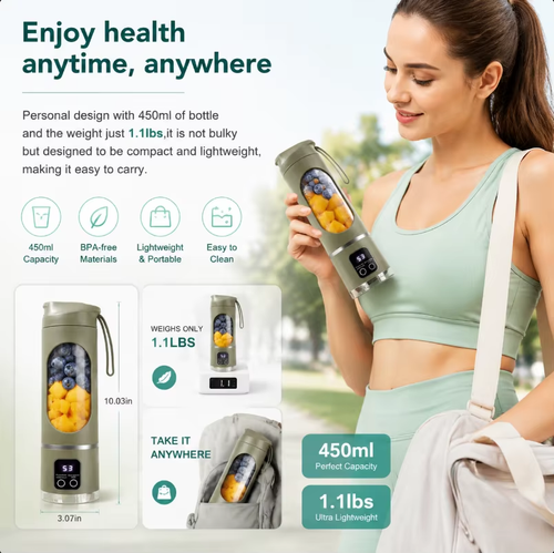 450ml Portable Juicer Blender Cup 12 Stainless Steel Blades 3 Speed Modes USB Charging Digital Screen Travel Smoothie Maker Rechargeable Mini Fruit Juice Mixer Easy To Clean For Sports Office Camping