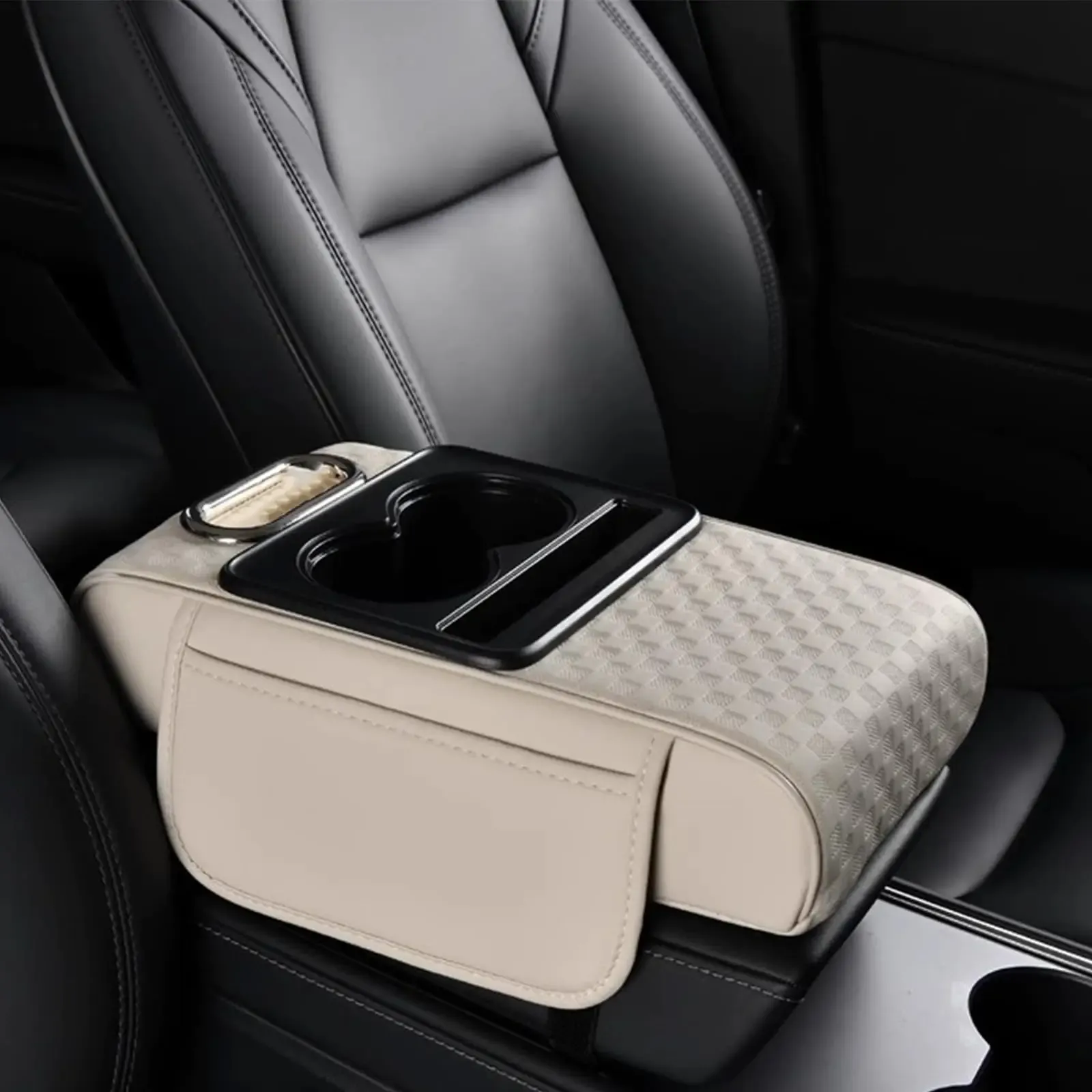 Car Armrest Cushion with Cup Holder, Multifunctional PU Leather Center Console Armrest Pad, Auto Storage Organizer Arm Rest