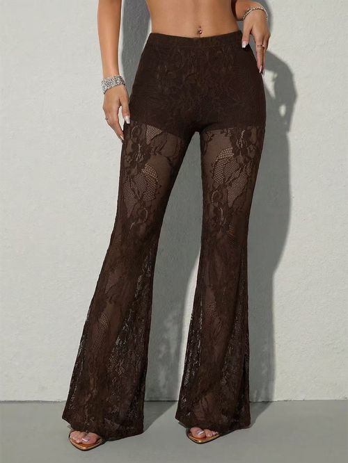 Sexy, distinctive solid-color sheer lace high-waisted flared trousers (black lace, Y2K style)