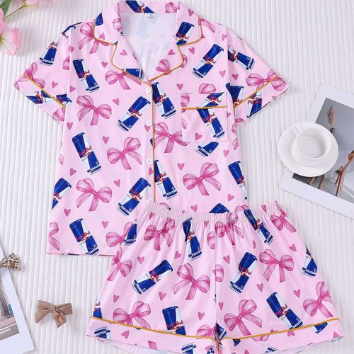 Women's New Arrival Printed Short Sleeve Shorts Pajama Set Lapel Bow Tie Pattern Comfortable Loungewear for Home