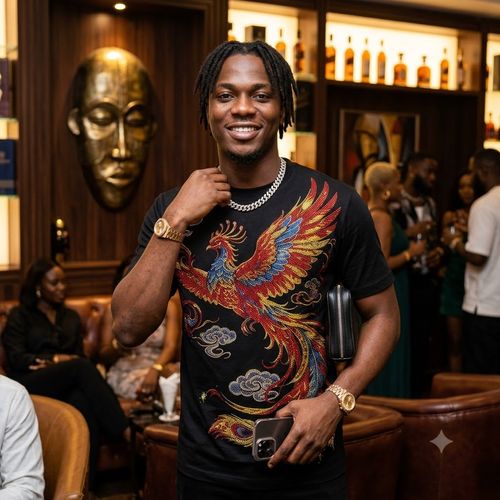 Men's T-shirt with Gilded Auspicious Phoenix and Cloud Rhinestone Design
