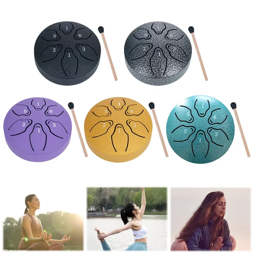 3 Inches 6 Tones Steel Tongue Drum Outdoors Rain Drum Instrument Mini Hand Drum Ethereal Drum Sticks Percussion Drum Accessories