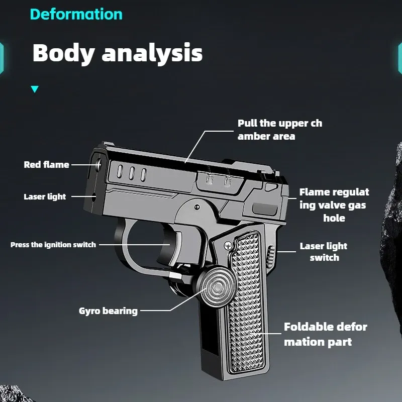 Multi Functional Folding Dual Form Decompression Gyro Gun Shaped Lighter with Creative Deformation and Windproof Red Flame