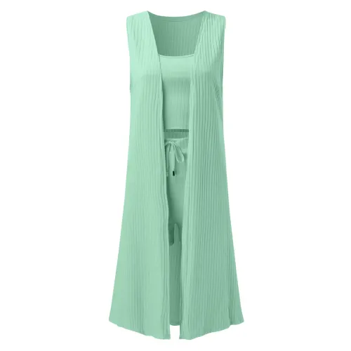 Solid Color 3 Piece Pants Set Women Fashion Casual Stretchy Wear Ladies Ribbed Casual Sleeveless Coat Vest And Shorts Suits