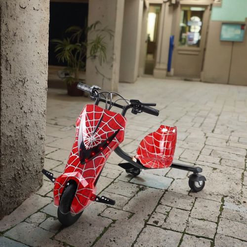 Three-wheeled electric drift scooter, suitable for children and adults, equipped with LED lights and Bluetooth functionality.