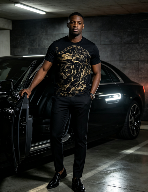 Luxury Men Black Tee Golden Leopard Wave Short Sleeve Shirt