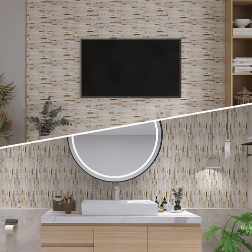 5pcs 11.6×4.13inch Peel and Stick Backsplash Tiles, Mixed Brushed Aluminum Marble Look Wall Tiles,Self Adhesive Stick on Backsplash for Kitchen