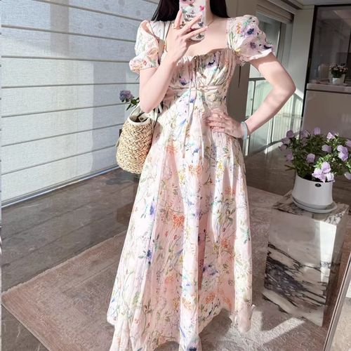 P.tre French Style Pure Linen Dress Elegant Floral Print Slimming Classic A-Line Skirt Casual Summer Long Dress for Travel