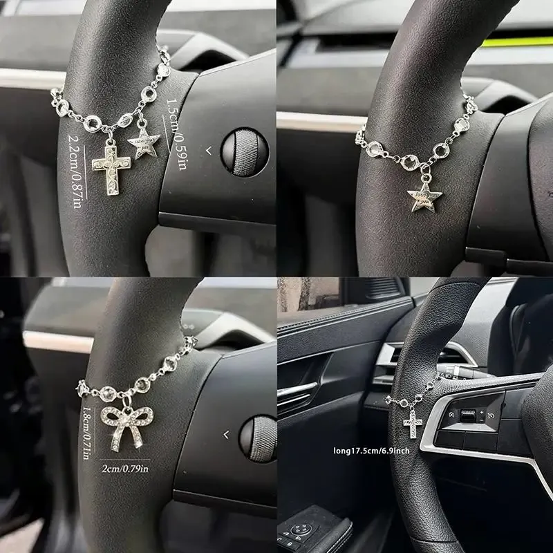 3PCS Exquisite Sparkling Rhinestone Bow Chain Charm Unique Bracelet Pendant DIY Jewelry Making Car Steering Wheel Decor Accessory