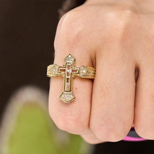 An open-band ring featuring a central cross motif, adorned with sparkling cubic zirconia—perfect for daily wear, keeping His care by your side.