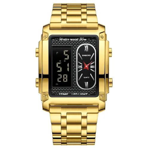 Men Watch Business Brand Square Sports Dual Display Electronic Waterproof Steel Belt Male Fashion Quartz Clock Watches