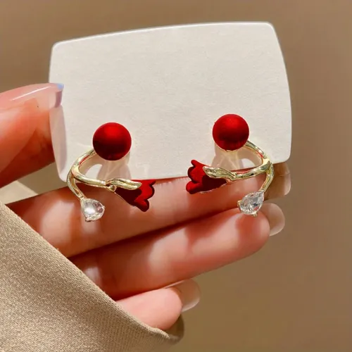 Korean Red Rose Stud Earring Fashion Imitation Pearl Flower Earrings for Woman Party Jewelry Christmas Gift New Arrivals