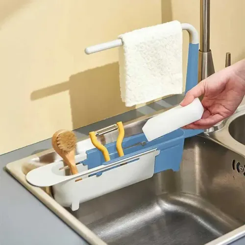 2pcs Multifunctional Telescopic Sink Storage Rack Upgraded Adjustable Sink Sponge Holder Expandable 2-in-1 For Home Kitchen